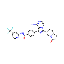 Nc1nccn2c([C@@H]3CC[C@H]4CCC(=O)N4C3)nc(-c3ccc(C(=O)Nc4cc(C(F)(F)F)ccn4)cc3)c12 ZINC000145531880