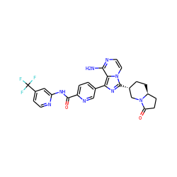 Nc1nccn2c([C@@H]3CC[C@H]4CCC(=O)N4C3)nc(-c3ccc(C(=O)Nc4cc(C(F)(F)F)ccn4)nc3)c12 ZINC000145570731