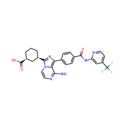Nc1nccn2c([C@@H]3CCC[C@H](C(=O)O)C3)nc(-c3ccc(C(=O)Nc4cc(C(F)(F)F)ccn4)cc3)c12 ZINC001772619962