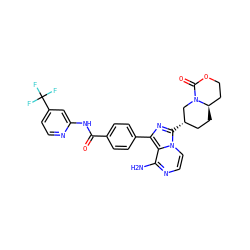 Nc1nccn2c([C@H]3CC[C@@H]4CCOC(=O)N4C3)nc(-c3ccc(C(=O)Nc4cc(C(F)(F)F)ccn4)cc3)c12 ZINC000145665343