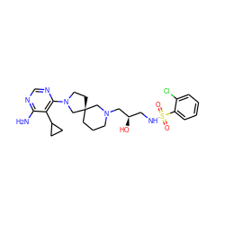 Nc1ncnc(N2CC[C@@]3(CCCN(C[C@H](O)CNS(=O)(=O)c4ccccc4Cl)C3)C2)c1C1CC1 ZINC000071318168