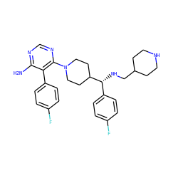 Nc1ncnc(N2CCC([C@H](NCC3CCNCC3)c3ccc(F)cc3)CC2)c1-c1ccc(F)cc1 ZINC000219319382