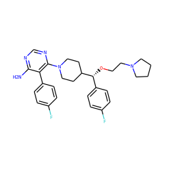 Nc1ncnc(N2CCC([C@H](OCCN3CCCC3)c3ccc(F)cc3)CC2)c1-c1ccc(F)cc1 ZINC000219305980