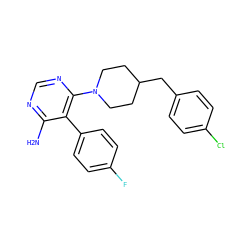 Nc1ncnc(N2CCC(Cc3ccc(Cl)cc3)CC2)c1-c1ccc(F)cc1 ZINC000219306229