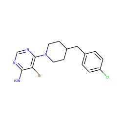 Nc1ncnc(N2CCC(Cc3ccc(Cl)cc3)CC2)c1Br ZINC001772617740