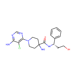Nc1ncnc(N2CCC(N)(C(=O)N[C@@H](CCO)c3ccccc3)CC2)c1Cl ZINC000219320383
