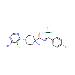 Nc1ncnc(N2CCC(N)(C(=O)N[C@H](c3ccc(Cl)cc3)C(F)(F)F)CC2)c1Cl ZINC000219309121