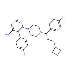 Nc1ncnc(N2CCN([C@@H](CCN3CCC3)c3ccc(Cl)cc3)CC2)c1-c1ccc(F)cc1 ZINC000206941041
