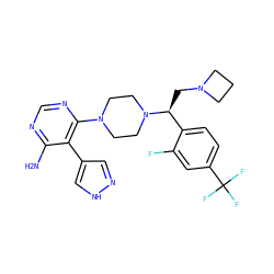 Nc1ncnc(N2CCN([C@@H](CN3CCC3)c3ccc(C(F)(F)F)cc3F)CC2)c1-c1cn[nH]c1 ZINC001772643736