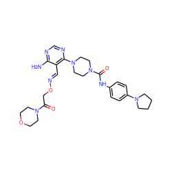 Nc1ncnc(N2CCN(C(=O)Nc3ccc(N4CCCC4)cc3)CC2)c1/C=N/OCC(=O)N1CCOCC1 ZINC000028824256