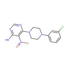 Nc1ncnc(N2CCN(c3cccc(Cl)c3)CC2)c1[N+](=O)[O-] ZINC000003912692