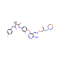 Nc1ncnc(Oc2ccc(NC(=O)C3(C(=O)Nc4ccc(F)cc4)CC3)cc2F)c1/C=N/OC[C@@H](O)CN1CCOCC1 ZINC000653857966