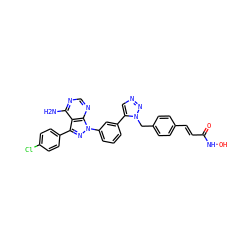Nc1ncnc2c1c(-c1ccc(Cl)cc1)nn2-c1cccc(-c2cnnn2Cc2ccc(/C=C/C(=O)NO)cc2)c1 ZINC000096916924