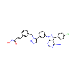 Nc1ncnc2c1c(-c1ccc(Cl)cc1)nn2-c1cccc(-c2cnnn2Cc2cccc(/C=C/C(=O)NO)c2)c1 ZINC000096916926