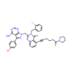 Nc1ncnc2c1c(-c1ccc(O)cc1)nn2Cc1nc2cccc(C#CCCCC(=O)N3CCCC3)c2c(=O)n1Cc1ccccc1Cl ZINC000068267357