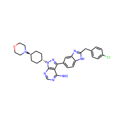 Nc1ncnc2c1c(-c1ccc3[nH]c(Cc4ccc(Cl)cc4)nc3c1)nn2[C@H]1CC[C@H](N2CCOCC2)CC1 ZINC000253664449