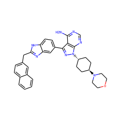 Nc1ncnc2c1c(-c1ccc3[nH]c(Cc4ccc5ccccc5c4)nc3c1)nn2[C@H]1CC[C@H](N2CCOCC2)CC1 ZINC000253666892