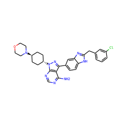 Nc1ncnc2c1c(-c1ccc3[nH]c(Cc4cccc(Cl)c4)nc3c1)nn2[C@H]1CC[C@H](N2CCOCC2)CC1 ZINC000253666389