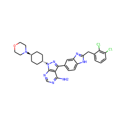 Nc1ncnc2c1c(-c1ccc3[nH]c(Cc4cccc(Cl)c4Cl)nc3c1)nn2[C@H]1CC[C@H](N2CCOCC2)CC1 ZINC000253668232