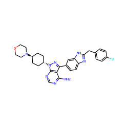 Nc1ncnc2c1c(-c1ccc3nc(Cc4ccc(F)cc4)[nH]c3c1)nn2[C@H]1CC[C@H](N2CCOCC2)CC1 ZINC000261083669
