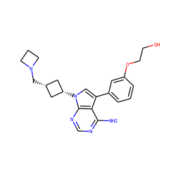 Nc1ncnc2c1c(-c1cccc(OCCO)c1)cn2[C@H]1C[C@@H](CN2CCC2)C1 ZINC000653745112