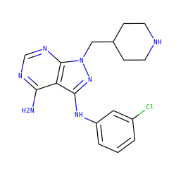Nc1ncnc2c1c(Nc1cccc(Cl)c1)nn2CC1CCNCC1 ZINC001772572001
