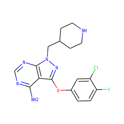 Nc1ncnc2c1c(Oc1ccc(F)c(Cl)c1)nn2CC1CCNCC1 ZINC001772575142