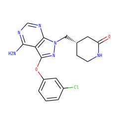 Nc1ncnc2c1c(Oc1cccc(Cl)c1)nn2C[C@H]1CCNC(=O)C1 ZINC001772581945