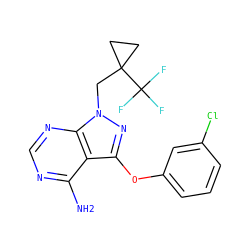 Nc1ncnc2c1c(Oc1cccc(Cl)c1)nn2CC1(C(F)(F)F)CC1 ZINC001772633973