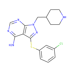 Nc1ncnc2c1c(Sc1cccc(Cl)c1)nn2CC1CCNCC1 ZINC001772576594