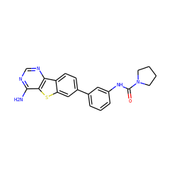 Nc1ncnc2c1sc1cc(-c3cccc(NC(=O)N4CCCC4)c3)ccc12 ZINC000203676691