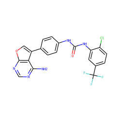 Nc1ncnc2occ(-c3ccc(NC(=O)Nc4cc(C(F)(F)F)ccc4Cl)cc3)c12 ZINC000014957335