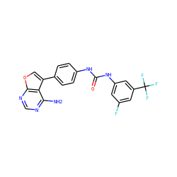 Nc1ncnc2occ(-c3ccc(NC(=O)Nc4cc(F)cc(C(F)(F)F)c4)cc3)c12 ZINC000103257499