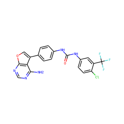 Nc1ncnc2occ(-c3ccc(NC(=O)Nc4ccc(Cl)c(C(F)(F)F)c4)cc3)c12 ZINC000103257504