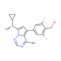 Nc1ncnn2c([C@H](O)C3CC3)cc(-c3cc(F)c(CO)c(F)c3)c12 ZINC000205817565