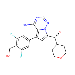 Nc1ncnn2c([C@H](O)C3CCOCC3)cc(-c3cc(F)c(CO)c(F)c3)c12 ZINC000205817616