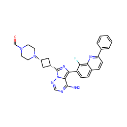 Nc1ncnn2c1c(-c1ccc3ccc(-c4ccccc4)nc3c1F)nc2[C@H]1C[C@@H](N2CCN(C=O)CC2)C1 ZINC000254016075