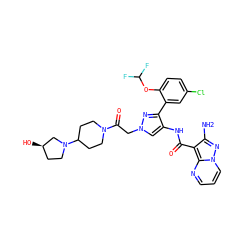 Nc1nn2cccnc2c1C(=O)Nc1cn(CC(=O)N2CCC(N3CC[C@@H](O)C3)CC2)nc1-c1cc(Cl)ccc1OC(F)F ZINC001772643108
