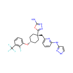 Nc1nnc([C@]2(Cc3cccc(Nc4cc[nH]n4)n3)CC[C@H](Oc3cccc(C(F)(F)F)c3F)CC2)o1 ZINC000116365489