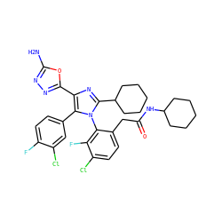 Nc1nnc(-c2nc(C3CCCCC3)n(-c3c(CC(=O)NC4CCCCC4)ccc(Cl)c3F)c2-c2ccc(F)c(Cl)c2)o1 ZINC000116187240