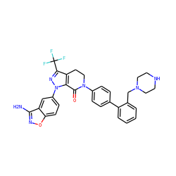 Nc1noc2ccc(-n3nc(C(F)(F)F)c4c3C(=O)N(c3ccc(-c5ccccc5CN5CCNCC5)cc3)CC4)cc12 ZINC000023358135