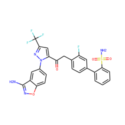 Nc1noc2ccc(-n3nc(C(F)(F)F)cc3C(=O)Cc3ccc(-c4ccccc4S(N)(=O)=O)cc3F)cc12 ZINC000029037661