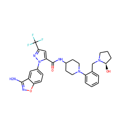Nc1noc2ccc(-n3nc(C(F)(F)F)cc3C(=O)NC3CCN(c4ccccc4CN4CCC[C@H]4O)CC3)cc12 ZINC000014969560
