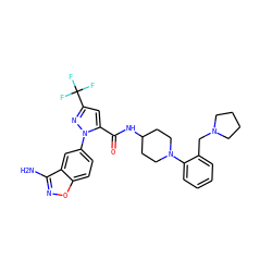 Nc1noc2ccc(-n3nc(C(F)(F)F)cc3C(=O)NC3CCN(c4ccccc4CN4CCCC4)CC3)cc12 ZINC000014969556