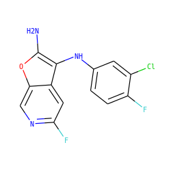 Nc1oc2cnc(F)cc2c1Nc1ccc(F)c(Cl)c1 ZINC000222811668