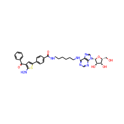 Nc1sc(-c2ccc(C(=O)NCCCCCCNc3ncnc4c3ncn4[C@@H]3O[C@H](CO)[C@@H](O)[C@H]3O)cc2)cc1C(=O)c1ccccc1 ZINC001772570968