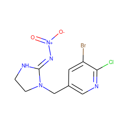O=[N+]([O-])/N=C1\NCCN1Cc1cnc(Cl)c(Br)c1 ZINC000103185015