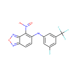 O=[N+]([O-])c1c(Nc2cc(F)cc(C(F)(F)F)c2)ccc2nonc12 ZINC000095596179