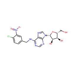 O=[N+]([O-])c1cc(CNc2ncnc3c2ncn3[C@@H]2O[C@H](CO)[C@@H](O)[C@H]2O)ccc1Cl ZINC000029057406