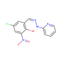 O=[N+]([O-])c1cc(Cl)cc(/C=N\Nc2ccccn2)c1O ZINC000015015497